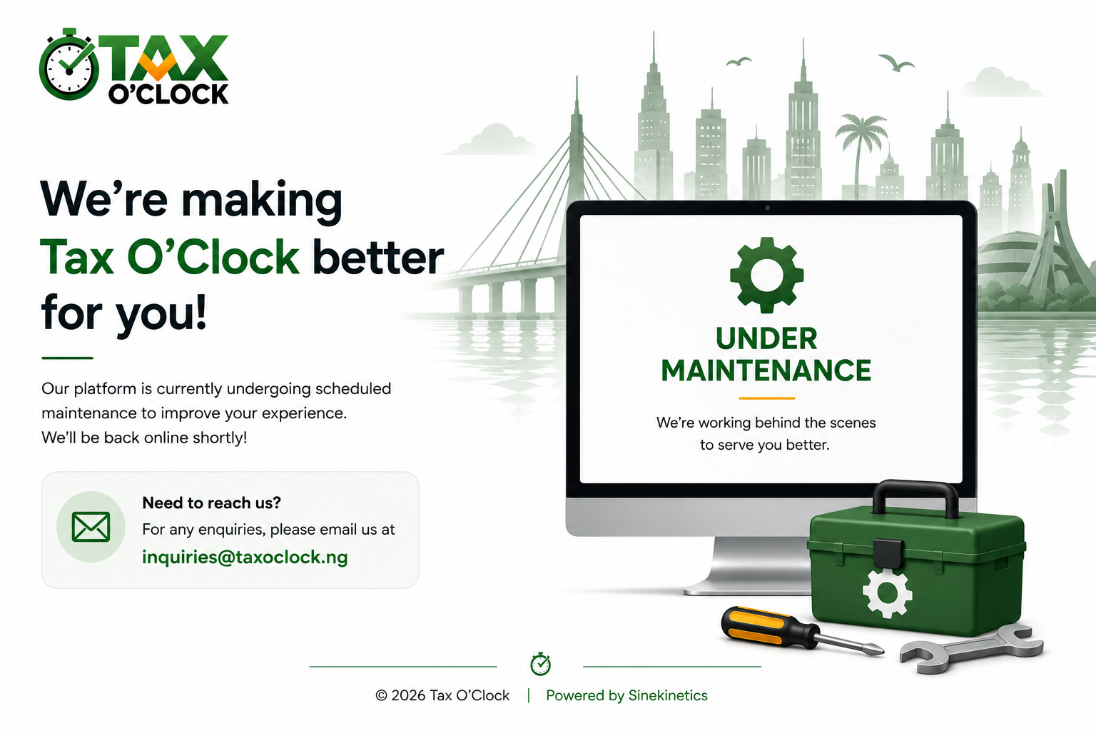 Under maintenance. We’re working behind the scenes to serve you better. A computer and green toolbox against a Nigerian city skyline.